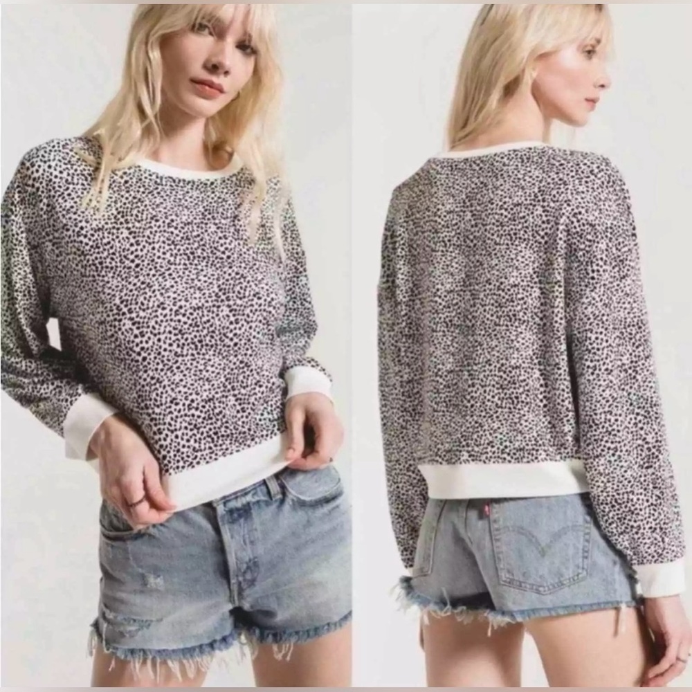 Z Supply Leopard Print Long Sleeve Pullover Sweatshirt In Black/Ivory Size S